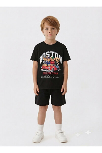 LİTTLE TORTOİSE Boys' Boston Printed Crew Neck T-Shirt and Shorts Set