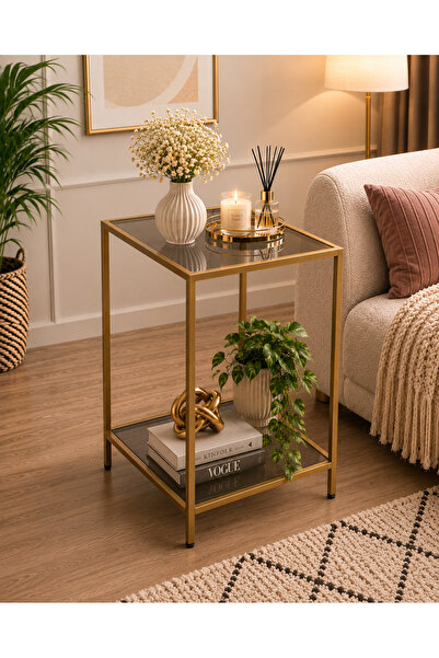 Trendmiz Gold Metal Açık Füme Cam 2 Katlı Yan Sehpa 45x33x60 cm Modern Koltuk...