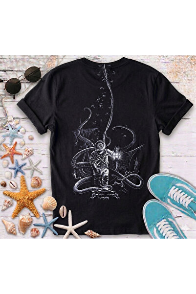 ScubaPromoTurkey Old Scuba Diver Octopus Back Visual Print Black Cotton T-Shirt