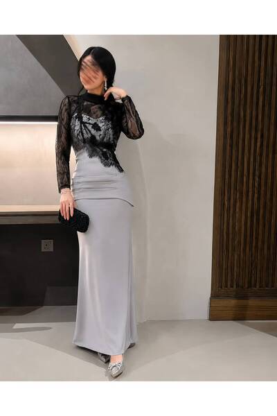 MILANORA Luxury Lace Gray Evening Dress with Straight Cut and Belt at the Waist