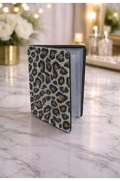 IŞILTI DESİGN Open Leopard Patterned Stone Crystal Shiny Stone License Case L...