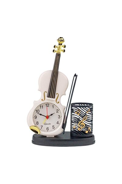 velve Decoratiune pentru birou, Ceas Analog, aspect Vioara si Suport Pix, Alb...
