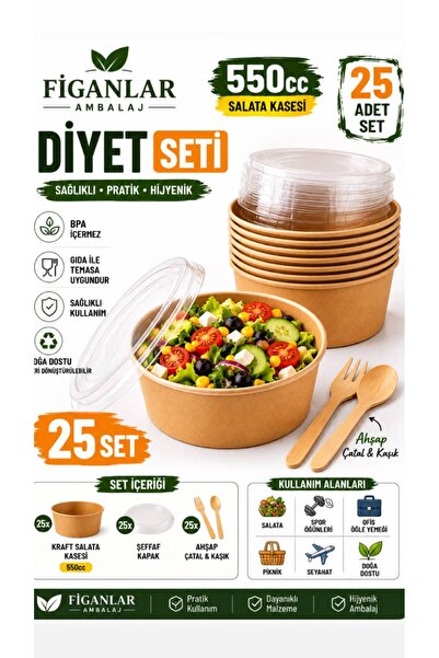 figanlar ambalaj FİGANLAR Diyet Seti 25’li 550 cc Kraft Salata Kasesi Kapaklı...