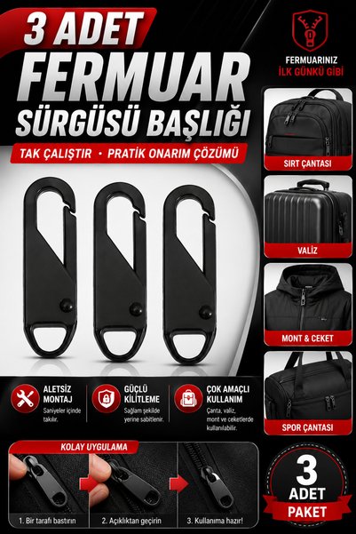Hane Dostu 3 Adet Siyah Fermuar Sürgüsü Başlığı Yedeği Tak Çalıştır Çanta Val...