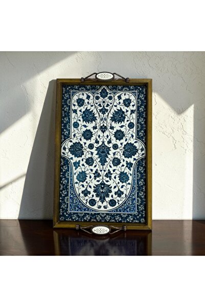 PorcelainAtelier El Yapımı Kütahya Çini Desenli Ahşap & Seramik Tepsi 42x28 c...