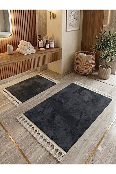 DECORA CASA HOME COLLECTİON 2-Piece Tasseled Bath Mat Set 60X110/60X50 Non-Sl...