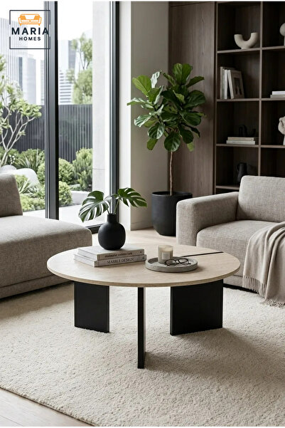 MARIA HOMES طاولة قهوة دائرية عصرية بسطح خشبي وقاعدة منحوتة، طاولة وسطية معاص...