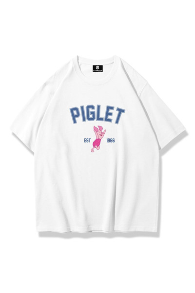 STYKEER Unisex Oversized T-Shirt Piglet Printed Loose Fit White T-Shirt