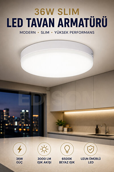 Edison 36W Sıva Üstü LED Tavan Armatürü 3000 Lümen Slim Yuvarlak Panel Beyaz ...