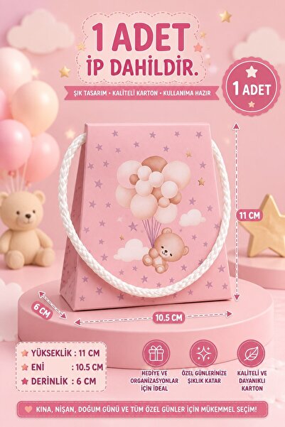 Emtory Home Beyaz İpli Hediye Pembe Ayıcıklı Çanta Paket - Bebek Hediye Kutus...