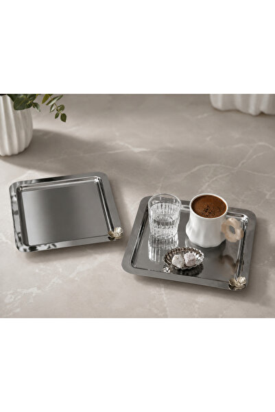 SUNVERA ÇELİK 6'lı 22x22 cm Paslanmaz Çelik Gümüş Kare Kahve Sunum Tepsisi | ...