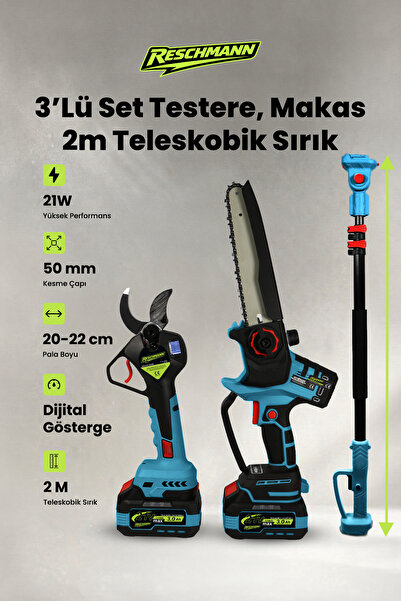 R-9108-9908-Sırık 3lü Set Şarjlı Testere ve Budama Makası ve 2 Metre Teleskobik Uzatma Kolu 21V - 3.0 Ah - Dijital Göstergeli