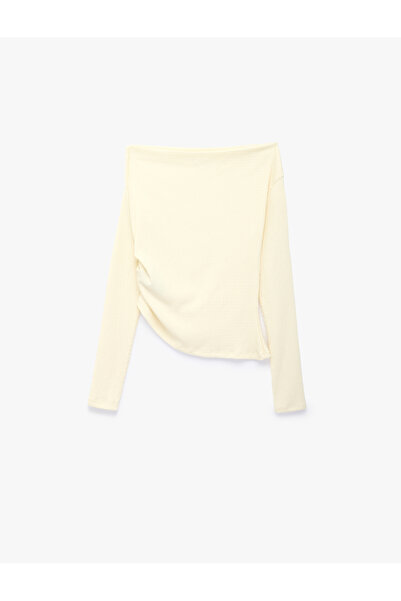 Koton Bürümcük Fabric Asymmetrical Cut Long Sleeve Gathered Boat Neck Blouse