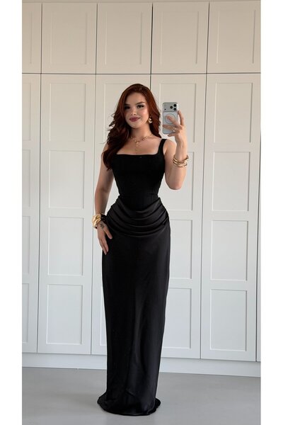 AYŞENUR DİNÇER Sofia Drape Saten Uzun Elbise Siyah