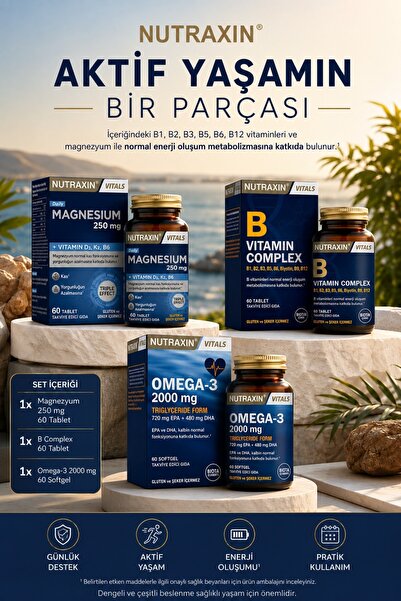 Nutraxin Magnezyum Daily 250 Mg + B Complex Vitamin + Omega3 2000mg Aktif Yaş...