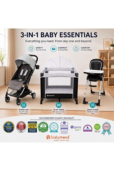 babytrend Playard, Tri Fold Mini Stroller & 5-in-1 Highchair - 3 in 1 Bundle