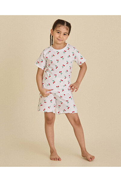REDTAG Girls White With Cherry Prints T-Shirt And Shorts PJ Set
