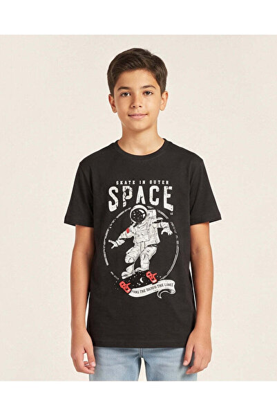 REDTAG Senior Boys Black Astronaut Skate Graphic T-Shirt