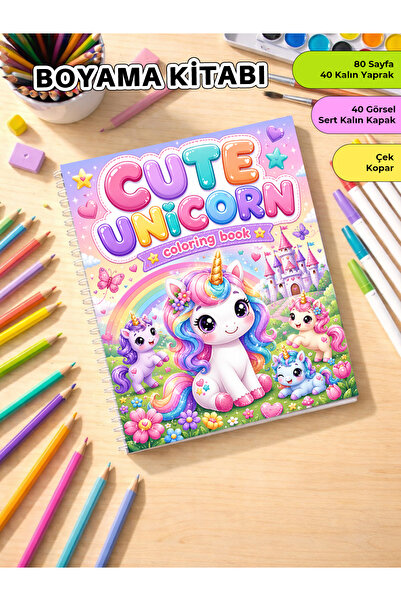 metafortoys Cute Unicorn Boyama Kitabı – 24x20 cm I 40 Görsel I Çocuklar ve Y...