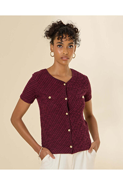 REDTAG Women Burgandy Textured Top With Gold Button Detail