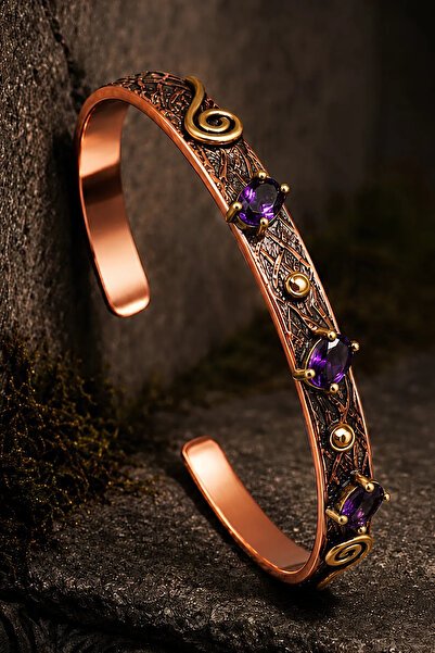 OSMANLI GÜMÜŞ Women's Copper Bracelet with Natural Amethyst Stone, Adjustable...