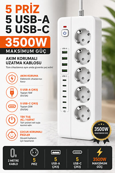 DURUBO 3000W Akım Korumalı 5’li Priz | 5 USB-A + 5 Type-C | Açma Kapama Anaht...