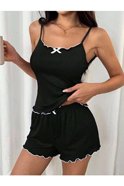 ESİLORA Kadın Penye İp Askılı Şortlu İnce Pijama Takımı