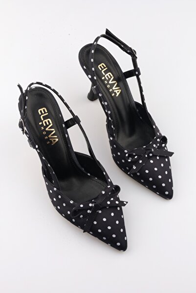 moon glow Women's Black and White Polka Dot Bow Pointed Toe Stiletto Heeled S...