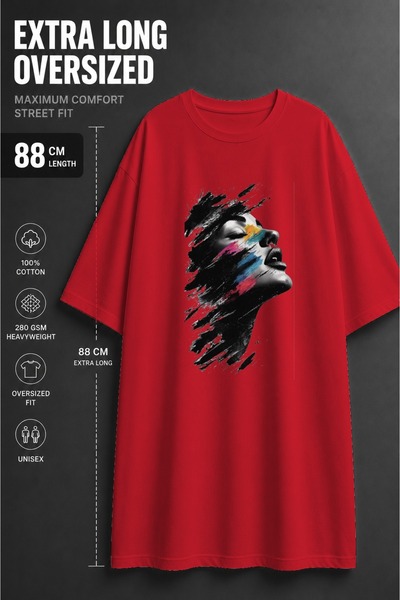 classy moda Unisex Oversized Extra Long Colorful Paint Effect Face Printed T-...