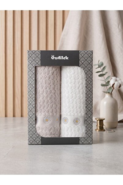 Özdilek Pure Daisy 2-Piece Boxed Hand-Face Towel - Beige Ecru