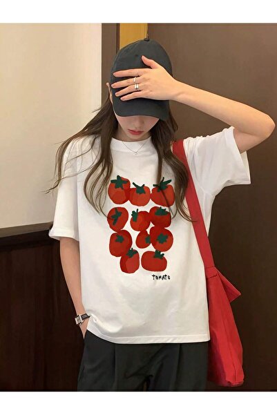 chaygoy Unisex Relaxed Fit Beyaz Tişört Domates Desenli Ön Baskılı %100 Pamuk