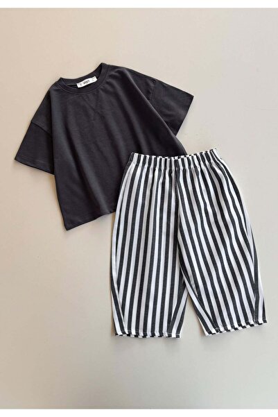 Cigit Σετ μπλουζών oversized για παιδιά 2-10 ετών, ανθρακί μαύρο ριγέ