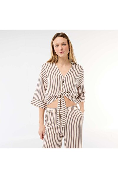KIABI Oversized Cropped Tie-Front Shirt BEIGE