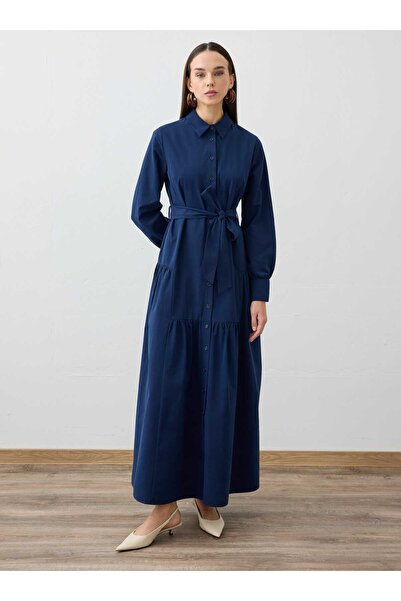 Refka Belted Hijab Dress with Cut-Out Skirt Detail - Dark Navy Blue -