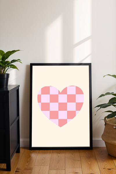 dudekohome Pembe Kareli Kalp Poster Çerçeveli Tablo Retro Modern Genç Odası D...