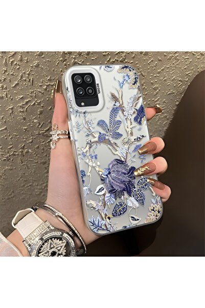 ARTISHELL Samsung Galaxy A12/M12 Uyumlu Mavi Botanik Kuş Çiçek Deseni Darbeye...