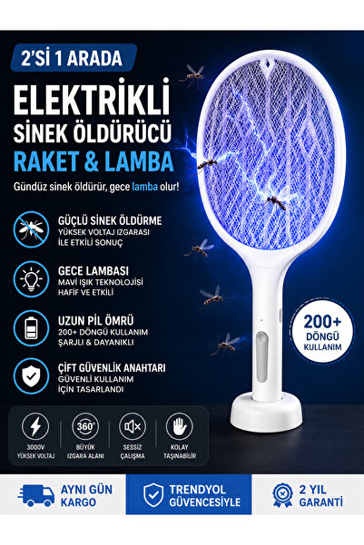 Qifit 2'si 1 Arada Şarjlı Elektrikli Sinek Öldürücü Raket ve Sivrisinek Lamba...