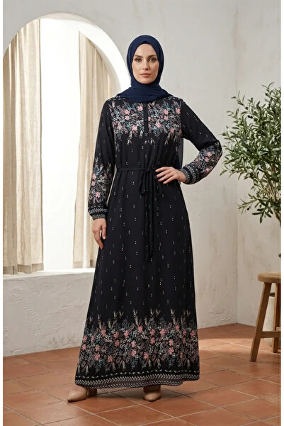 sefamerve Viscose Fabric Floral Patterned Hijab Dress 0339-03 Navy Blue