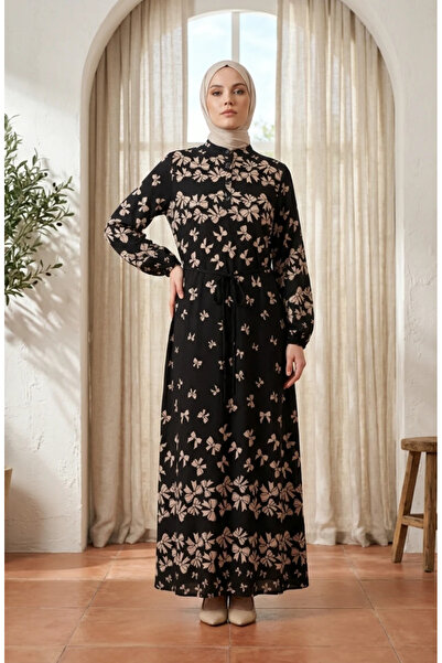 sefamerve Viscose Fabric Bow Patterned Hijab Dress 0338-07 Black Mink
