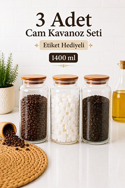 Zivora Home 3'lü Büyük Boy 1400 ml Ahşap Kapaklı Cam Erzak Kavanozu – Çay Şek...