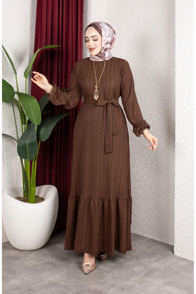 sefamerve Bürümcük Fabric Striped Belted Hijab Dress 0908-02 Brown