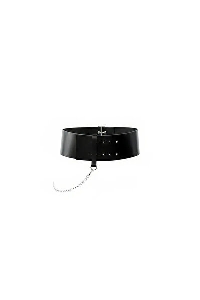 Angels Passion Black Faux Leather Waist Belt with Thick Chain Detail