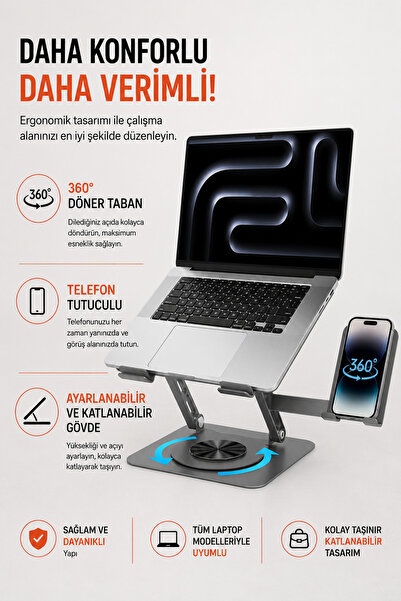 Coverzone 360° Döner Laptop Standı Telefon Tutuculu Katlanabilir Alüminyum No...