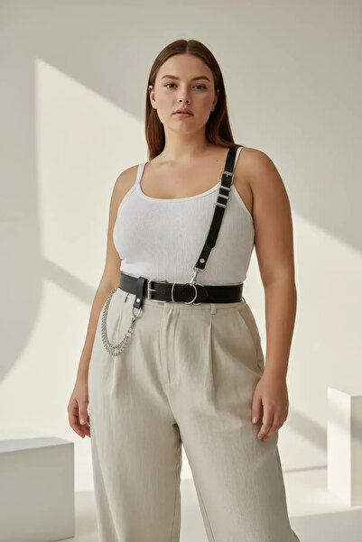 Angels Passion Plus Size Black Women's Belt with Chain Detail Harness Design