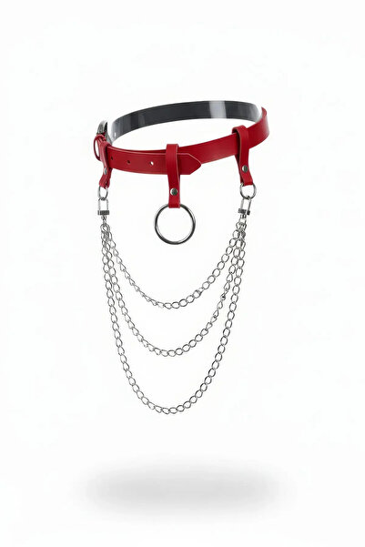 Angels Passion Red Women's Belt with Chain Detail, Thick Faux Leather
