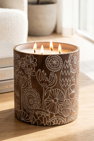 OBBJE Amber Kokulu | Flora Dekoratif Beton Mum 4 Fitilli | Çiçek Desenli | El...