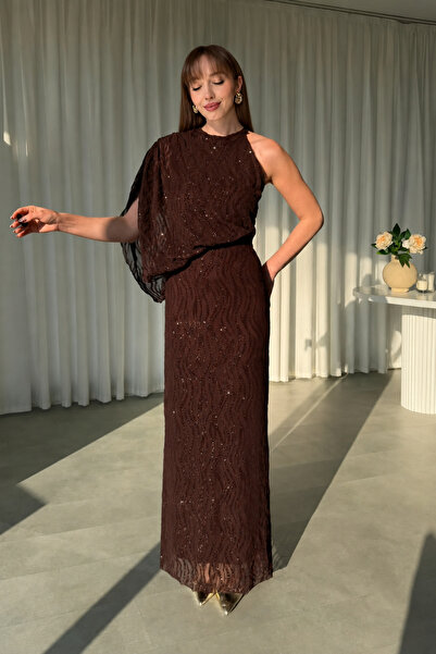 Dilay Gökoğlu Butik One-Shoulder Halter Neck Draped Elegant Shimmering Maxi B...