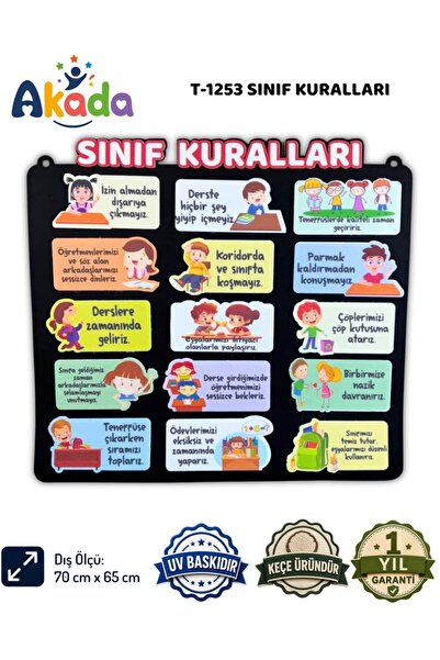 AKADA Sınıf Kuralları Keçe Panosu – Pimli Sökülüp Takılabilir 15 Resimli Kura...