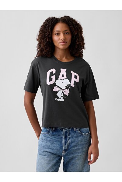 GAP Kadın Koyu Gri Peanuts Oversized Logo T-Shirt