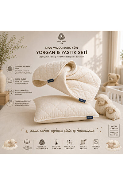 viscolog Orjnal %100 Woolmark Doğal Yün Bebek Uyku Yorgan ve Yastık Seti (Tel...